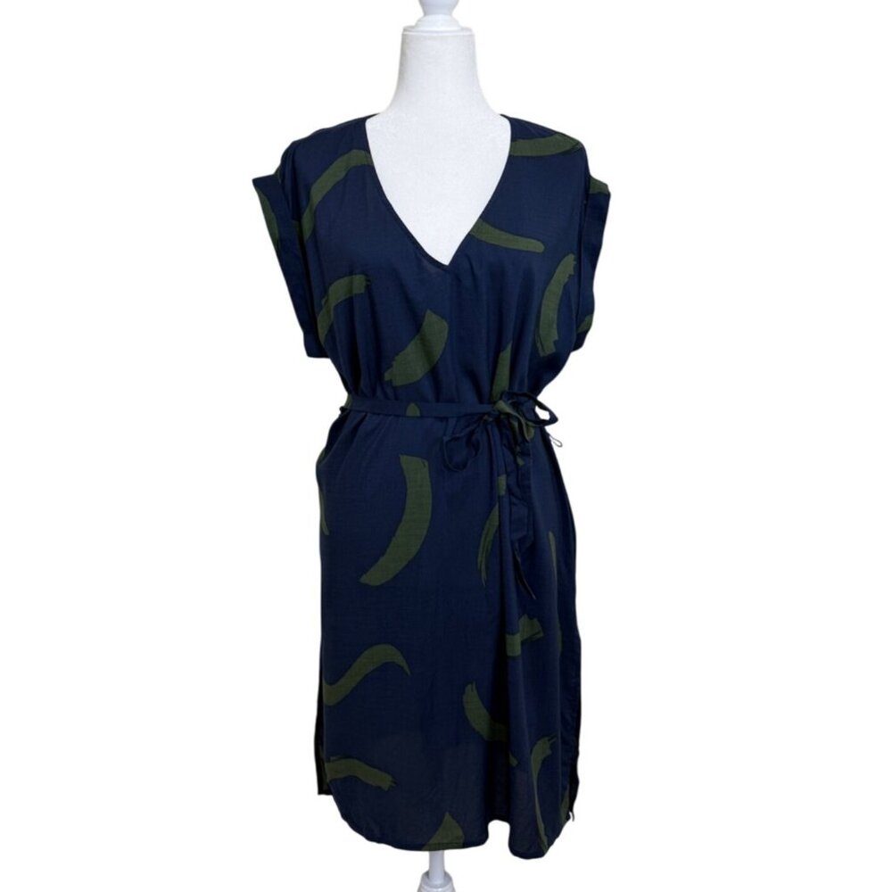 Seafolly Womens  Size L Dress V-Neck Short Sleeve Waist-Tie Navy Blue ResortWear
